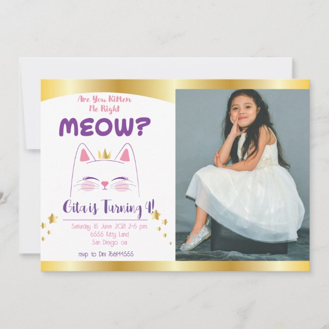 Kitty Cat Pink Gold Birthday Party Photo Invitation (Front)