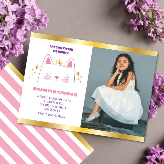 Kitty Cat Pink Gold Birthday Party Photo Invitation (Creator Uploaded)