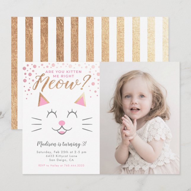 Kitty Cat Pink Gold Birthday Party Photo Invitation (Front/Back)