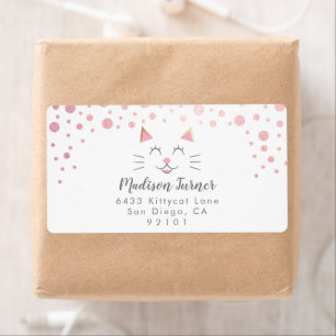 Kitty Cat Pink Gold Glitter Return Address