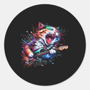 Kitty Cat Playing Guitar Rock Cat Heavy Metal Cat  Classic Round Sticker