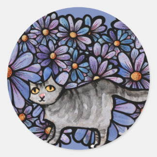 Kitty Cat Purple Daisies Grey Cat Art Gray Cats Classic Round Sticker