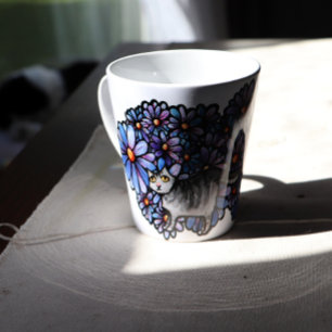 Kitty Cat Purple Daisies Grey Cat Art Gray Cats    Latte Mug