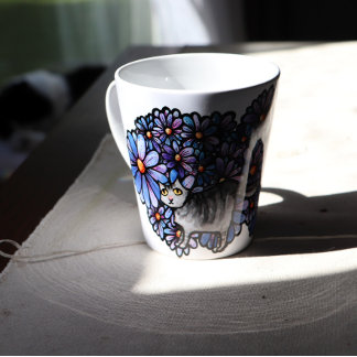 Kitty Cat Purple Daisies Grey Cat Art Gray Cats Latte Mug