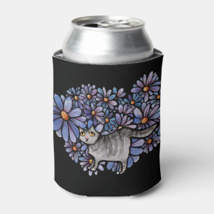 Kitty Cat Purple Daisies Grey Cat Art Grey Cats Can Cooler