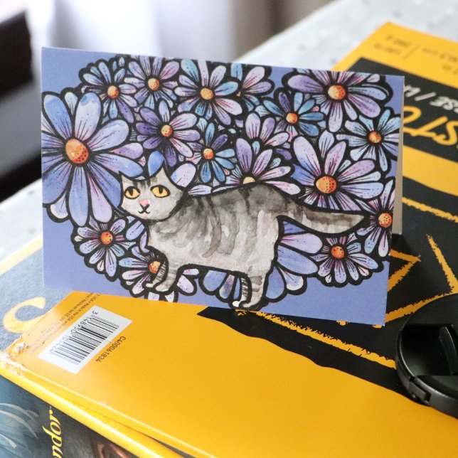 Kitty Cat Purple Daisies Grey Cat Art Grey Cats    Card (Creator Uploaded)