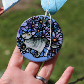 Kitty Cat Purple Daisies Grey Cat Art Grey Cats Ceramic Tree Decoration