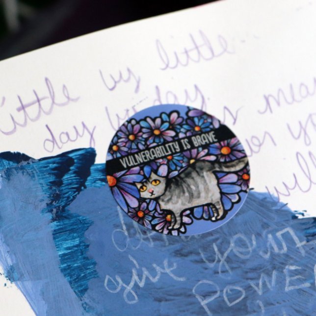 Kitty Cat Purple Daisies Grey Cat Art Grey Cats    Classic Round Sticker (Creator Uploaded)