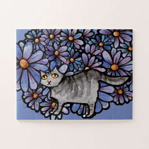 Kitty Cat Purple Daisies Grey Cat Art Grey Cats Jigsaw Puzzle