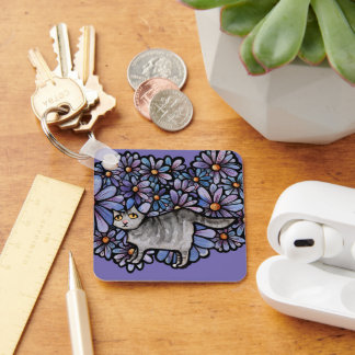 Kitty Cat Purple Daisies Grey Cat Art Grey Cats Key Ring