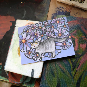 Kitty Cat Purple Daisies Grey Cat Art Grey Cats Postcard