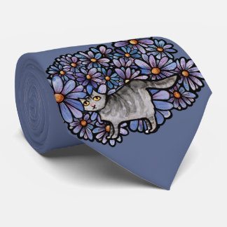 Kitty Cat Purple Daisies Grey Cat Art Grey Cats Tie