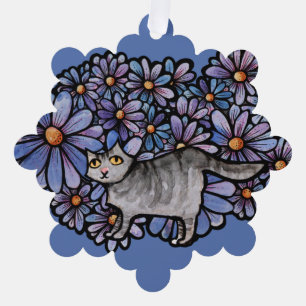 Kitty Cat Purple Daisies Grey Cat Art Grey Cats Tree Decoration Card
