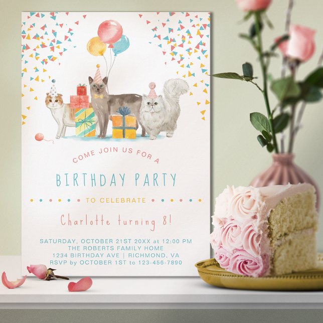 Kitty Cat Rainbow Confetti Fun Kids Birthday Party Invitation (Creator Uploaded)