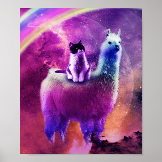 Kitty Cat Riding On Rainbow Llama In Space Poster (Front)