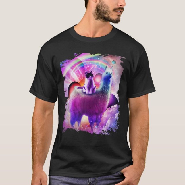 Kitty Cat Riding On Rainbow Llama In Space T Shirt (Front)