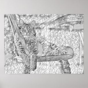 Kitty cat Sitting in Chair Abstract art Colouring  Poster