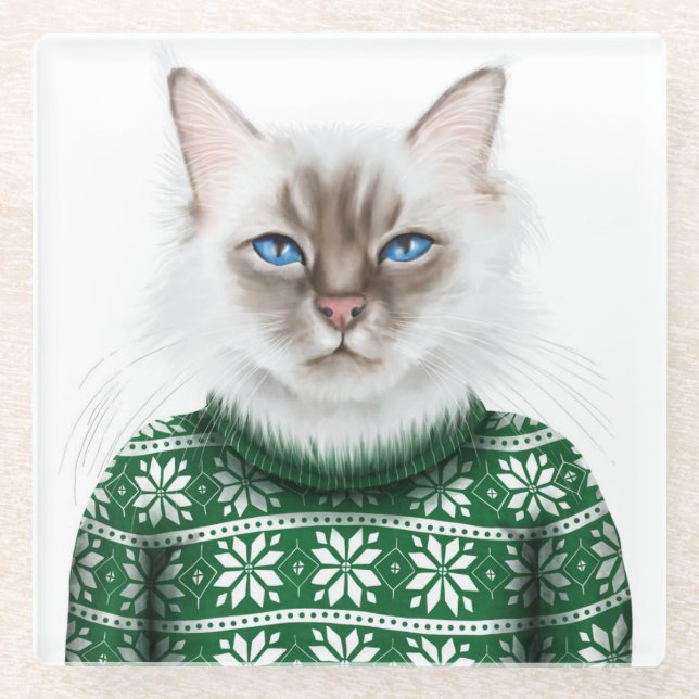 Kitty Cat Sweater Glass Coaster (Front)