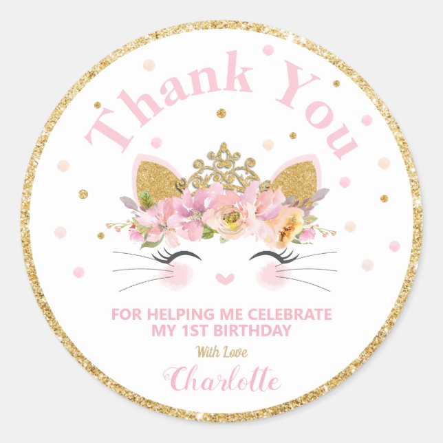 Kitty Cat Thank You Sticker Labels Birthday Favour (Front)