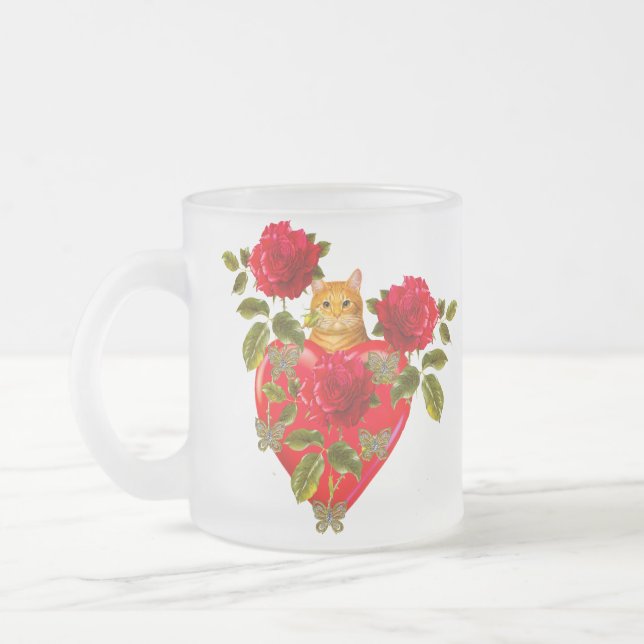 Kitty Cat Valentine Frosted Glass Coffee Mug (Left)