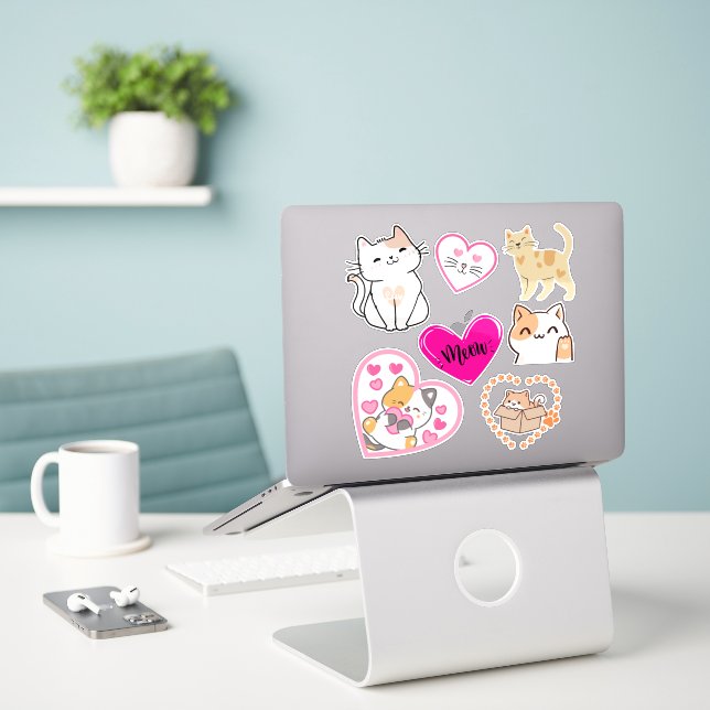 Kitty Cat Valentine Sticker Set (Laptop On Desk)