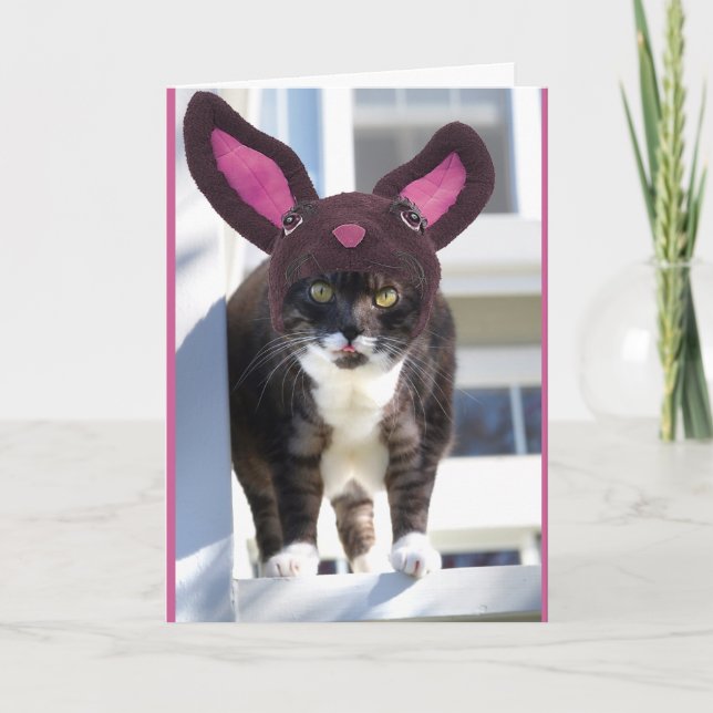 Kitty Cat Wearing Bunny Ears Holiday Card (Front)