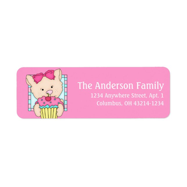 Kitty Cat with Cupcake Birthday Address Labels d2 (Front)