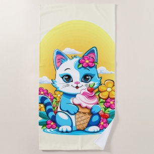 Kitty Cat with ice cream Summer Kawaii Character Beach Towel