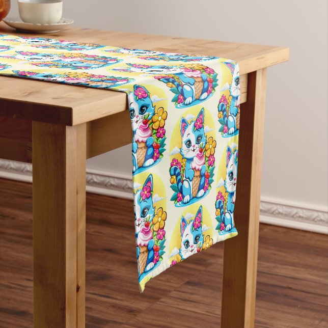 Kitty Cat with ice cream Summer Kawaii Character  Short Table Runner (In Situ)