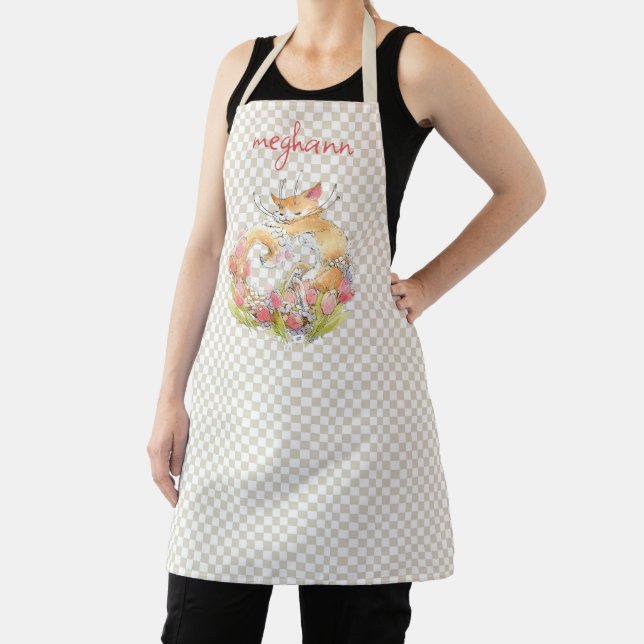 Kitty Cat with Tulips Personalised Watercolor Apron (Insitu)