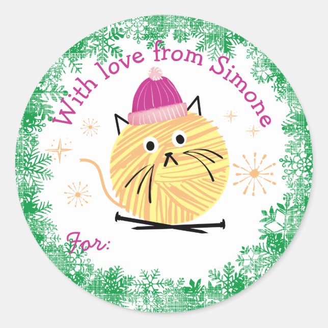 Kitty cat yarn handmade Christmas knitting needles Classic Round Sticker (Front)