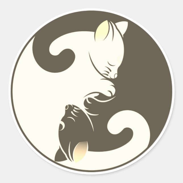 Kitty Cat Yin Yang | Brown Classic Round Sticker (Front)