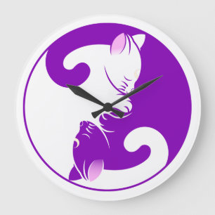 Kitty Cat Yin Yang   Purple Large Clock