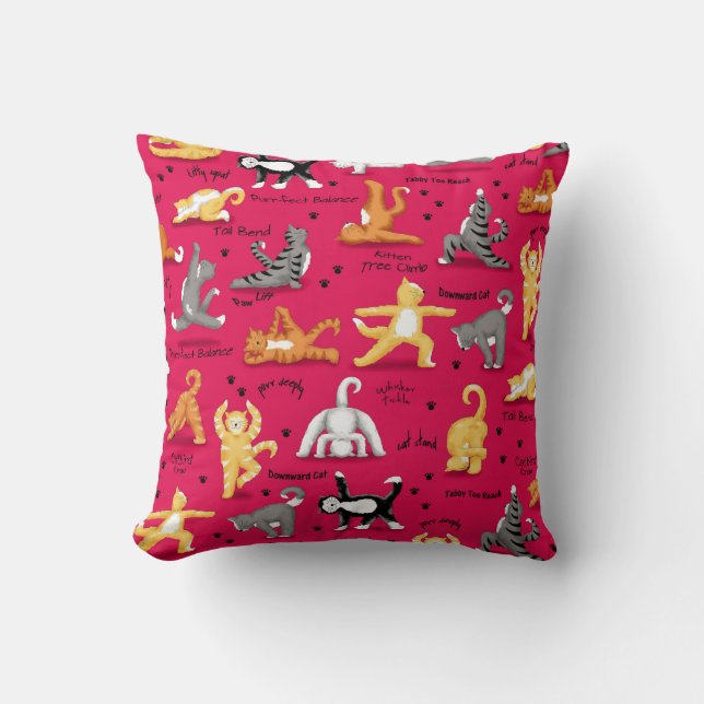 Kitty Cat Yoga Poses Colourful Red Yellow Whimsy Cushion (Front)
