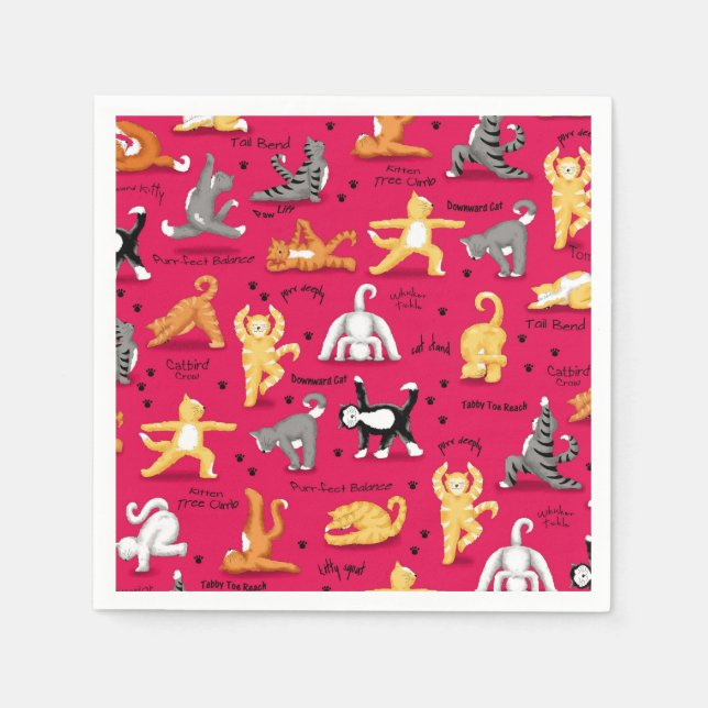 Kitty Cat Yoga Poses Colourful Red Yellow Whimsy Napkin (Front)