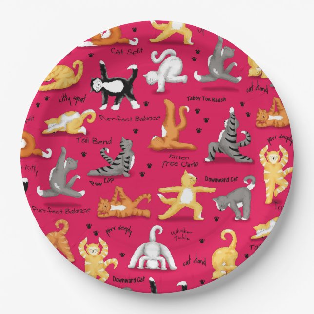 Kitty Cat Yoga Poses Colourful Red Yellow Whimsy Paper Plate (Front)