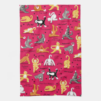 Kitty Cat Yoga Poses Colourful Red Yellow Whimsy Tea Towel