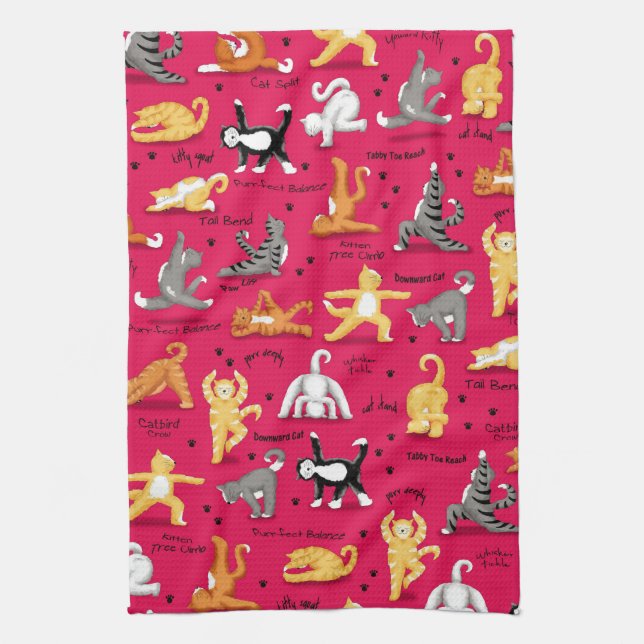 Kitty Cat Yoga Poses Colourful Red Yellow Whimsy Tea Towel (Vertical)