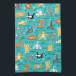 Kitty Cat Yoga Poses Colourful Turquoise Blue Fun Tea Towel<br><div class="desc">Have fun with this towel for yoga or cat lovers with this whimsy kitty yoga art. Carry it with you to your yoga classes The original art by Phyllis Dobbs features cats in various yoga poses such as "downward cat" "Tomcat warrior "kitten lunge" and more. The background is turquoise blue...</div>