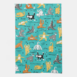Kitty Cat Yoga Poses Colourful Turquoise Blue Fun Tea Towel