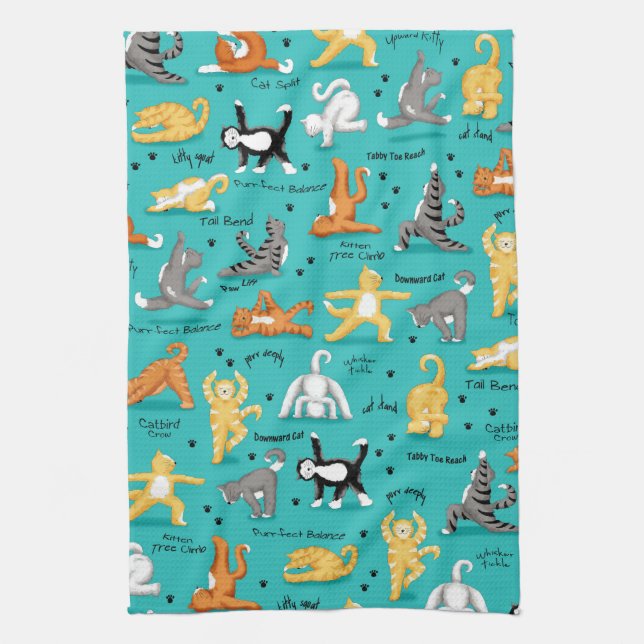 Kitty Cat Yoga Poses Colourful Turquoise Blue Fun Tea Towel (Vertical)