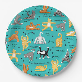 Kitty Cat Yoga Poses Colourful Turquoise Blue Paper Plate