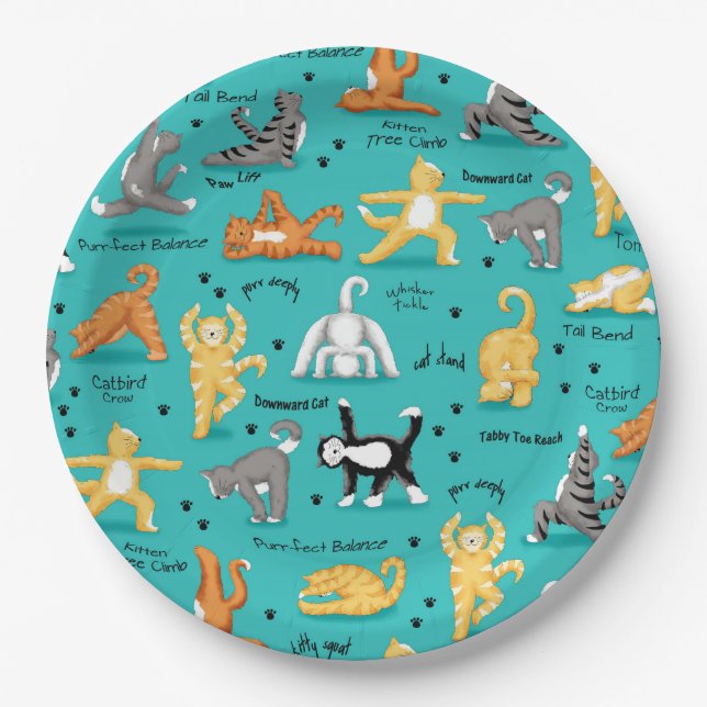 Kitty Cat Yoga Poses Colourful Turquoise Blue Paper Plate (Front)