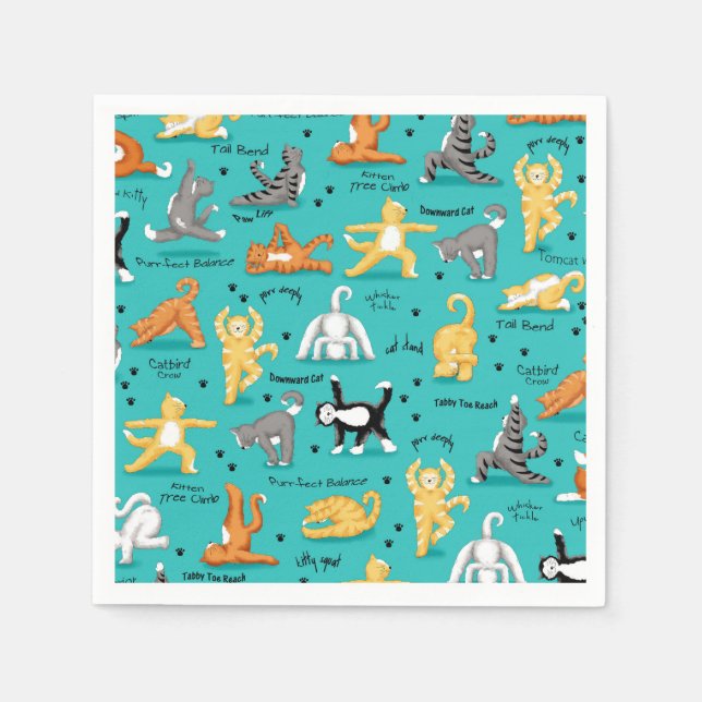 Kitty Cat Yoga Poses Turquoise Blue Whimsy Napkin (Front)