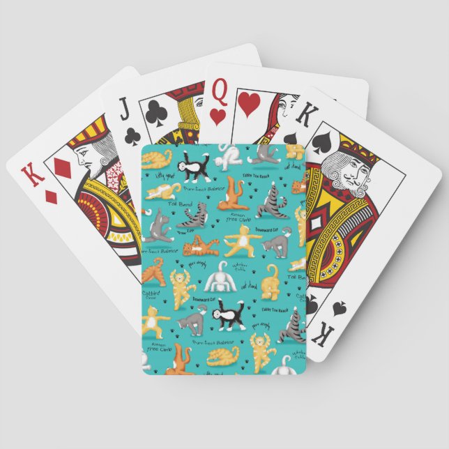 Kitty Cat Yoga Poses Turquoise Blue Yellow Playing Cards (Back)
