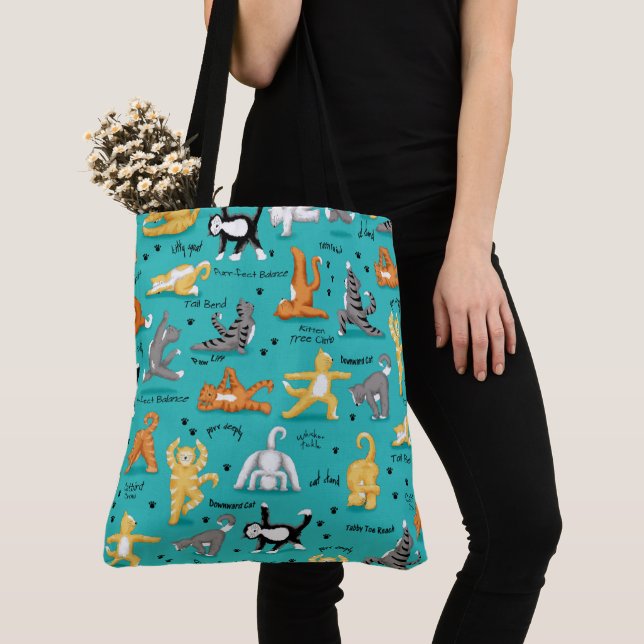 Kitty Cat Yoga Poses Turquoise Blue Yellow Tote Bag (Close Up)