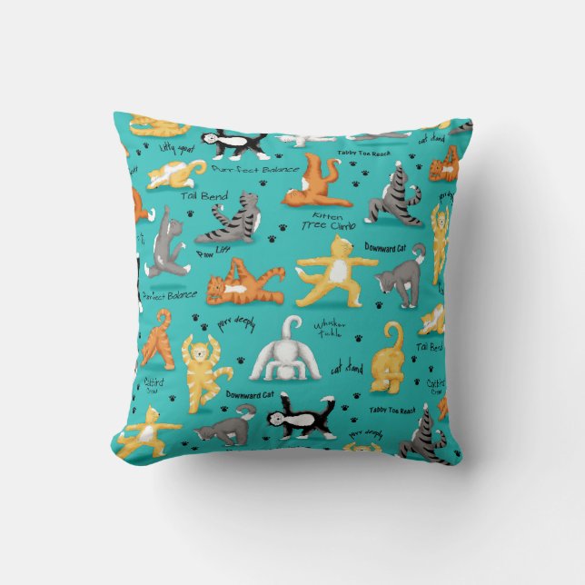 Kitty Cat Yoga Poses Turquoise Blue Yellow Whimsy Cushion (Front)