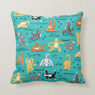 Kitty Cat Yoga Poses Turquoise Blue Yellow Whimsy Cushion