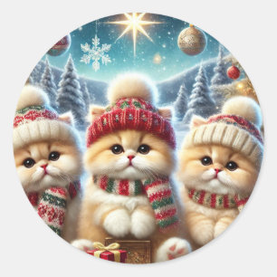 Kitty cats in festive Christmas decor and Snow Classic Round Sticker
