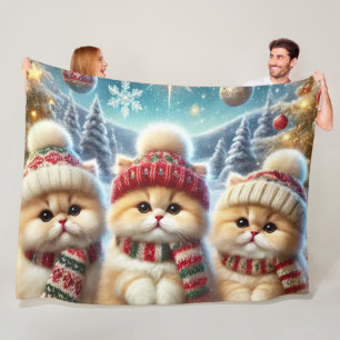Kitty cats in festive Christmas decor and Snow Fleece Blanket